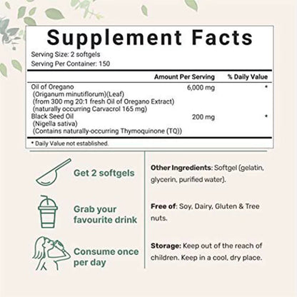 Oil Of Oregano With Black Seed Oil 6000mg Organic Oregano Oil Capsules -Non-GMO, Gluten Free 300 Softgels